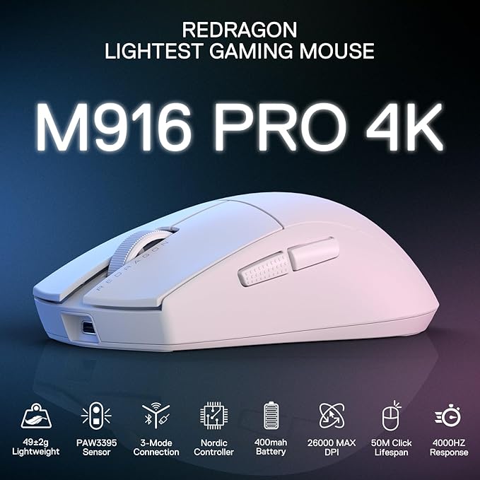 Redragon M916 PRO 3-Mode Wireless Gaming Mouse, Hype-Speed 4K Polling Rate, 49G Ultra-Light 26K DPI Mouse w/Ergonomic Natural Grip Build, Redefinable Macro Buttons, Software Supported