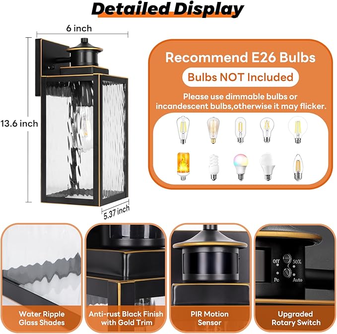 13.6" Motion Sensor Outdoor Wall Sconce Lantern, Exterior Waterproof Wall Lights Fixture with Water-Rippled Glass, Bronze Outside Mount Lighting for House, Porch, Garage, Patio, Bulbs Not Included