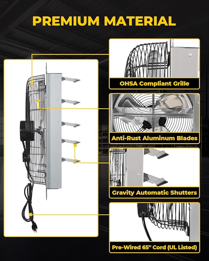 VENTISOL 24 Inch Shutter Exhaust Fan, Ven Fan with Power Cord & Variable Speed Controller Wall Mount, High Speed 4200CFM for Garages, Attic, Shops, Greenhouse