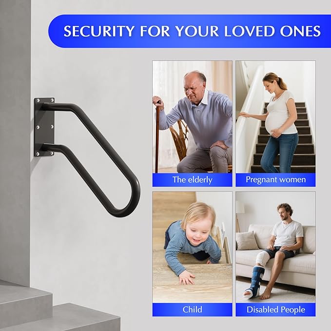 Hand Rails for Outdoor 1-2 Steps, Indoor Stairs, Bathroom, Wall Mount Non-Slip U-Shape Stair Hand Railing Black 2 Packs