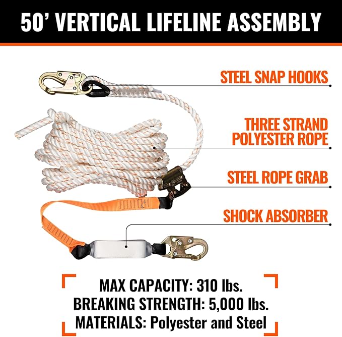 Malta Dynamics 50’ Roofer's Safety Bucket Kit – Warthog Pass-Thru Safety Harness, Reusable Roof Anchor, and 50’ Vertical Lifeline Assembly, OSHA/ANSI Compliant