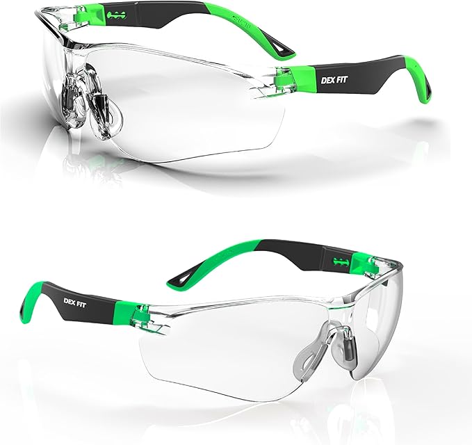 DEX FIT Safety Glasses SG210, Z87 Eye Protection, Anti-Fog & Scratch Resistant, Adjustable for Women and Men, UV Protection (Black & Green Frame, Clear Lens)
