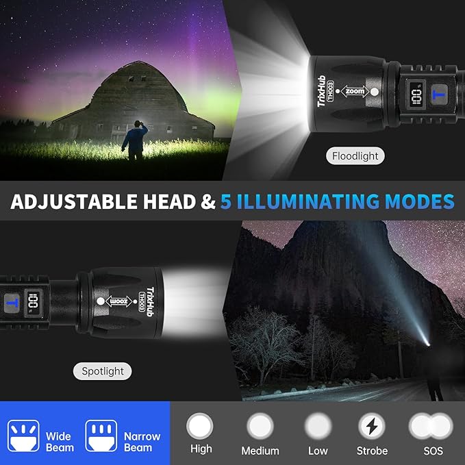 Rechargeable Flashlights 2 Pack, High Lumens Super Bright Flashlight with LCD Digital Display, 5 Adjustable Mode Powerful Tactical Flashlight, Waterproof Flashlights for Camping Hiking