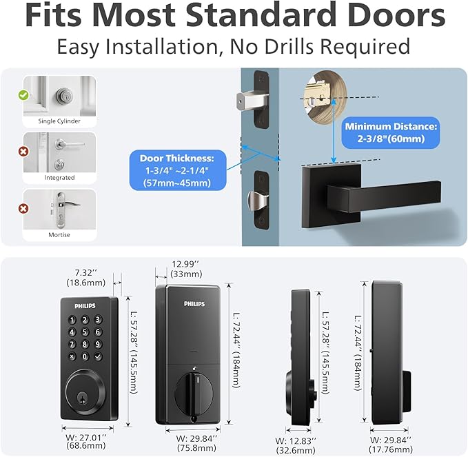Philips WiFi Smart Door Lock, Smart Locks for Front Door, Keyless Entry Door Lock, Smart Lock Keypad Deadbolt, Buit-in WiFi, APP Remote Access, Compatible with Alexa & Google Assistant, Auto Locking