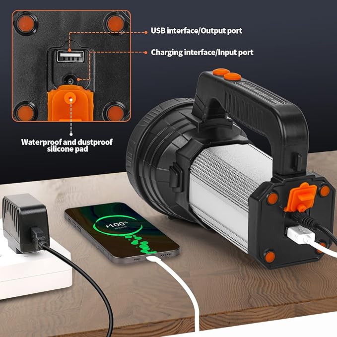 Superbright Handheld LED Spotlight Flashlight Powerful Searchlight USB Rechargeable Lantern Waterproof Tactical Torch Portable 6 Light Modes Side Floodlight (White Light)