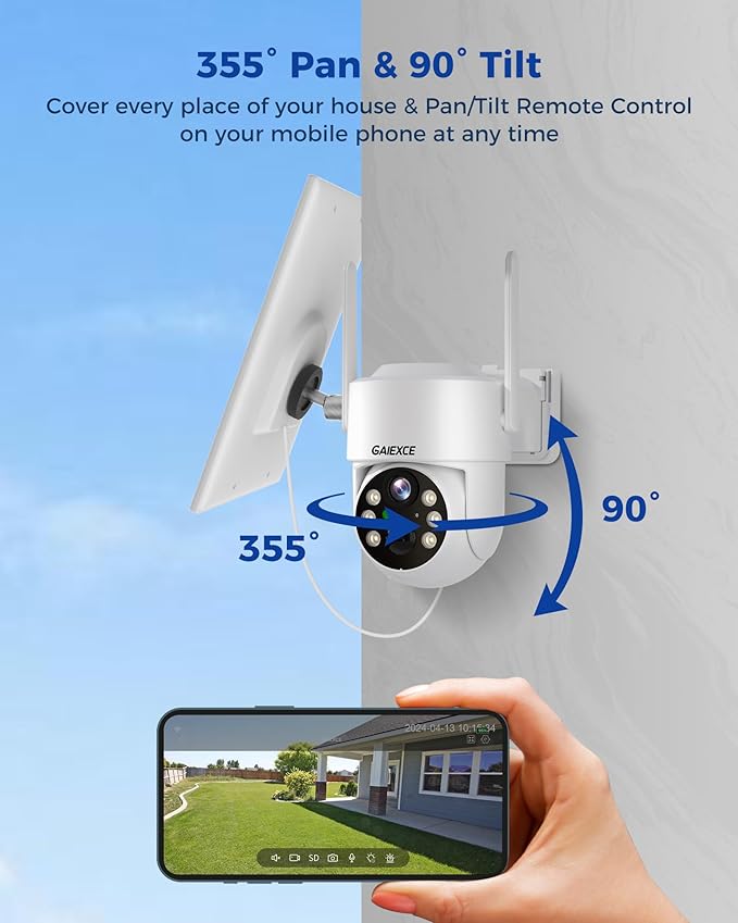 Wireless Solar Security Camera System, 【No Monthly Fee】 Solar-Powered Home Security Cameras System with 360° Pan & Tilt, PIR Motion Detection, 4MP Color Night Vision, 1T HDD