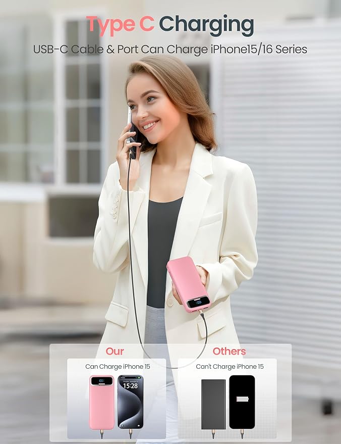 12000mAh Lightweight-Portable-Charger-Power-Bank with Built-in Cables and AC Wall Plug, PD20W USB-C Fast Charging Battery Pack, LED Display External Travel Phone Charger for All iPhone,Samsung,Android