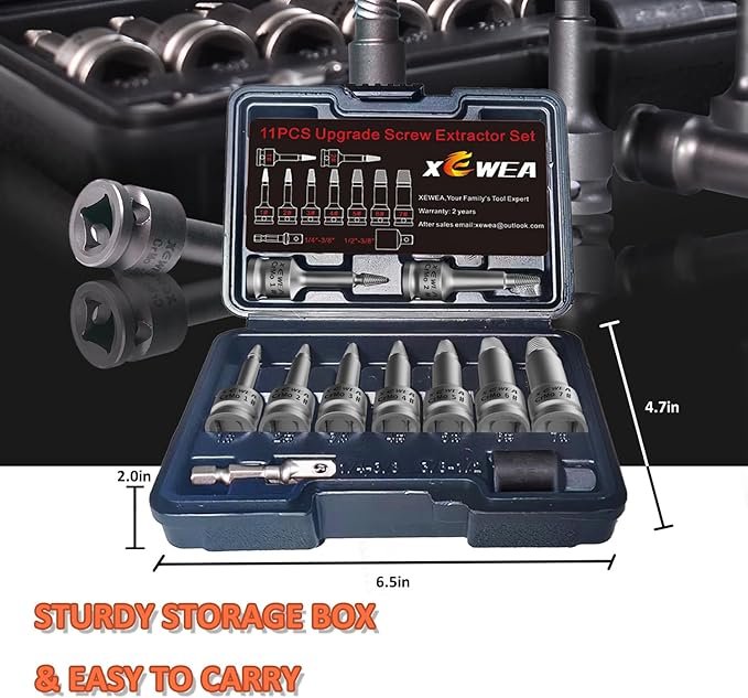 XEWEA 11PCS 3/8" Inch Drive Screw Extractor Set with Adapters, Upgrade Multi-Spline Easy Out Stripped Screw Remover Kit, 2-in-1 EZ Out Tool for Removing Rusted, Frozen or Broken Studs, Bolts, Screws