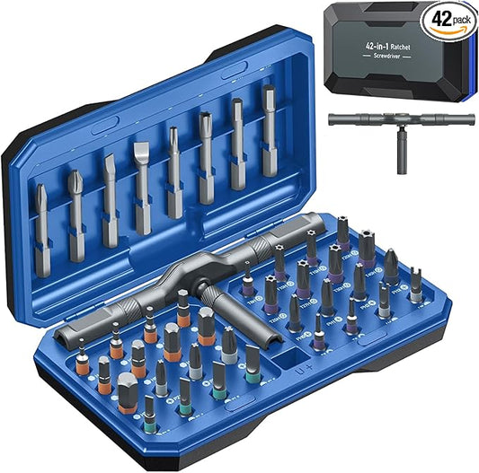 42 in 1 Magnetic Screwdriver Set, AMIR Screwdriver Set with 40 PCS Magnetic Bits, Ratcheting Screw Driver with Rotatable Ratchet Handle, Ratchet Screw Driver Kit with Carry Case