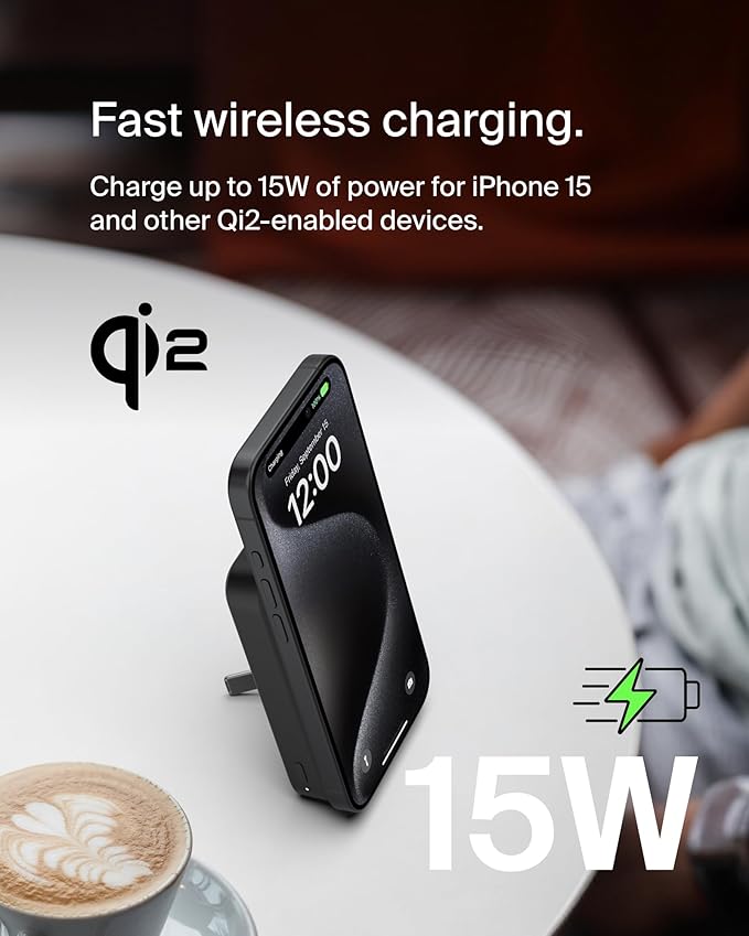 Belkin Portable Charger, Wireless Power Bank 15W 8000 mAh w/ Qi2 - MagSafe Charger w/Built-in Pop-up Kickstand - Compatible w/iPhone 16, 15, 14, 13, Plus, Pro, Max, Google Pixel 10, etc. - Black