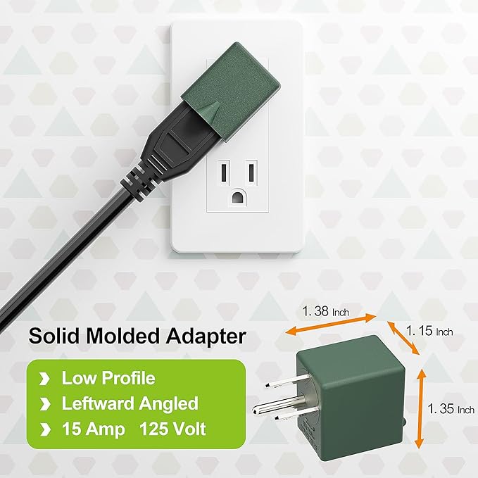 90 Degree Leftward Angled USA 3-Prong Male-Female Adapter, 5-15P to 5-15R Direction Changer, Green