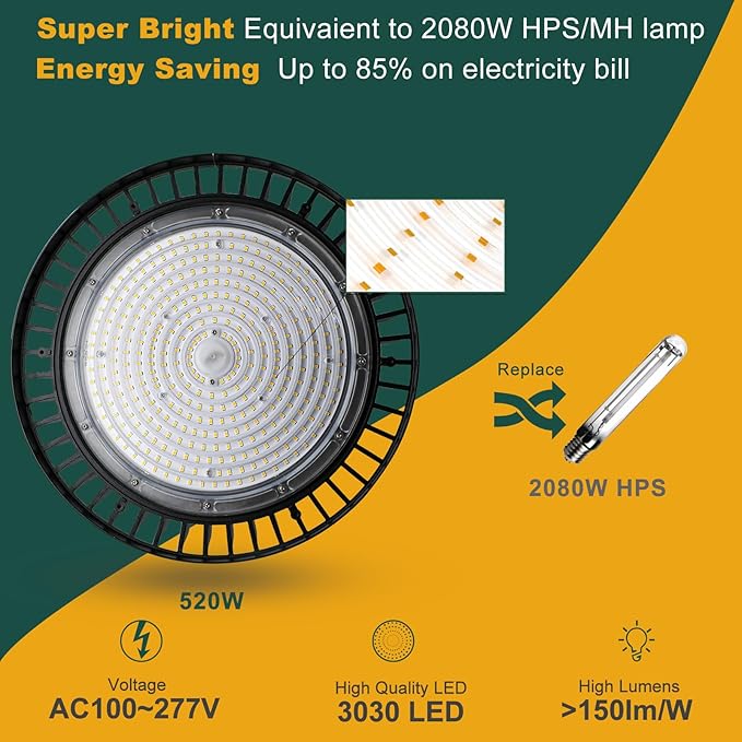 520W LED High Bay Light AC100-277V High Bay LED Light 5000K 78000LM (2080W MH/HPS) UFO LED Lights Suit for 30-60FT Height-2Pack 𝟓𝐘𝐫𝐬 𝐖𝐚𝐫𝐫𝐚𝐧𝐭𝐲