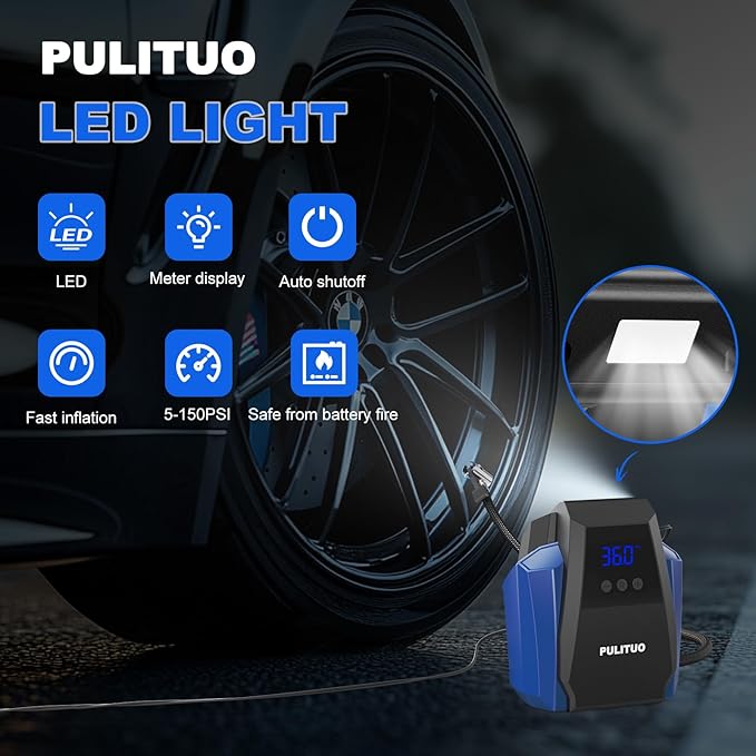 PULITUO Tire Inflator Portable Air Compressor - Car Accessories 12V DC Air Pump for Car Tires with Digital Pressure Gauge, Emergency LED Light for Wheel, Bike, Ball, Motor