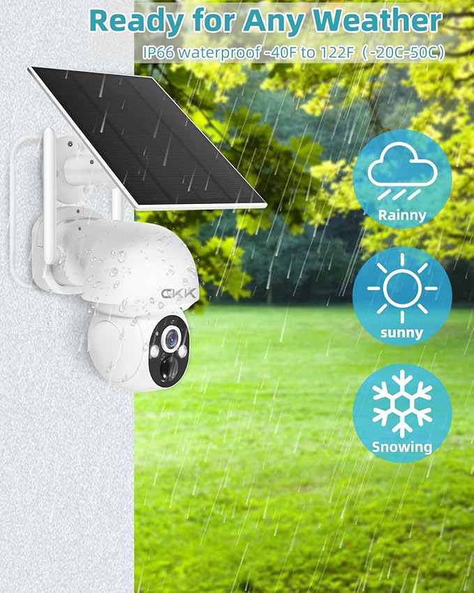 CKK 2.5K Solar Security Cameras Wireless Outdoor,Family Safety System,4 Cameras Kit with Full Color Night Vision,360° View,2.4Ghz WiFi Camera,2-Way Audio,Spotlight,128G Local Storage,No Monthly Fee