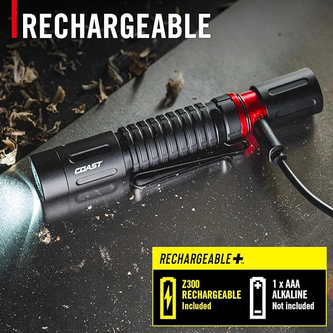 COAST XT10R 280 Lumen USB-C Rechargeable Pocket Flashlight/Penlight with TWIST FOCUS and Two-Way Clip, 3 Bite Caps included, Pocket Size for EDC, Work and Emergencies, BLACK