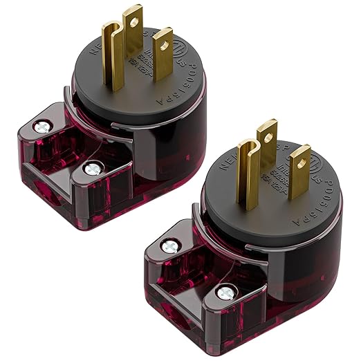 2 Pack Nema 5-15P Plug, 90 Degree Right Angle Plug 15A 125V Angled Plug, Nema 5-15P DIY AC Plug, USA 3-Prong Household Right Angle AC Plug, Red Color ETL Verified