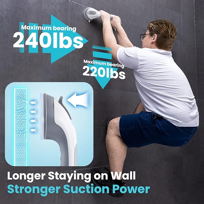 TAILI Shower Grab Bar Glow in The Dark, 2 Pack 16.8 in Grab Bars for Bathtubs and Showers,Shower Handles Shower Rails for Seniors and Elderly,Bathroom Safety Grip Removable No Drilling Waterproof Grey