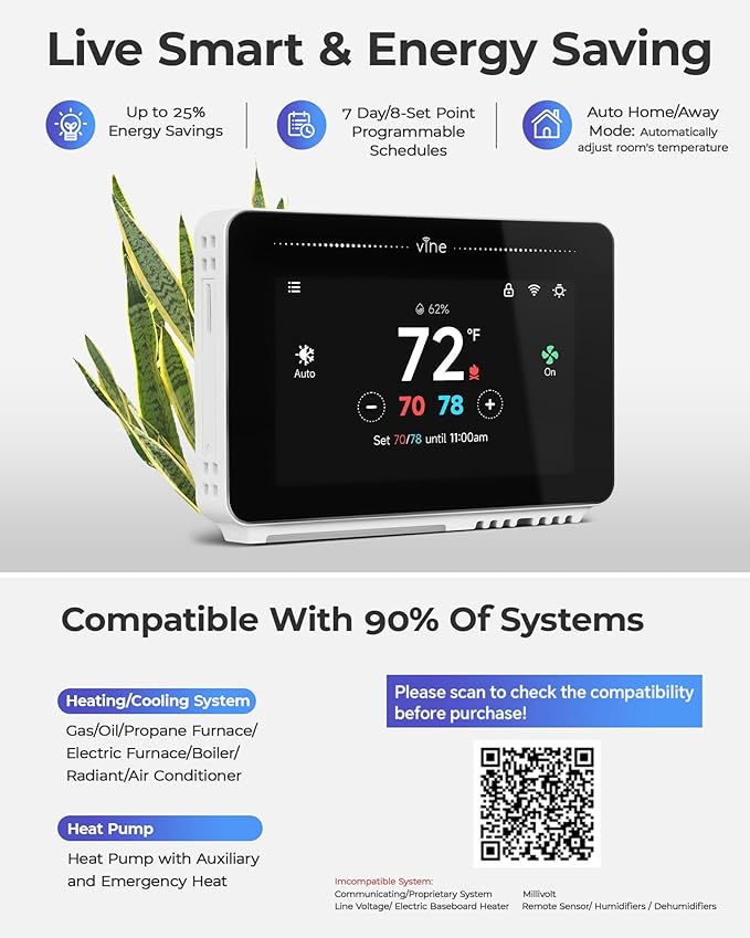 Vine Smart Thermostat for House with Nightlight, 4.3 Inches WiFi Thermostats for Home Work with Alexa and Google Assistant, 7day x 8period Programmable, C-Wire Required