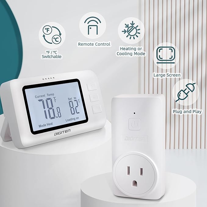 DIGITEN Wireless Thermostat WTC100 Pro Temperature Controller for Cooling & Heating, Remote Controlled Outlet, Easy-to-Use and Non-Programmable Plug in Thermostats for Home