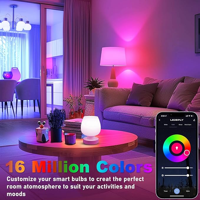 A15 LED Smart Bulb, 5W=40W,Compatible with Alexa, Google Assistant, E12 Base, Dimmable, 2.4G WiFi ONLY, RGB Color Changing, Tunable White 2700K-6500K, Globe Shape, G45 Ceiling Fan Light Bulbs 4 Pack