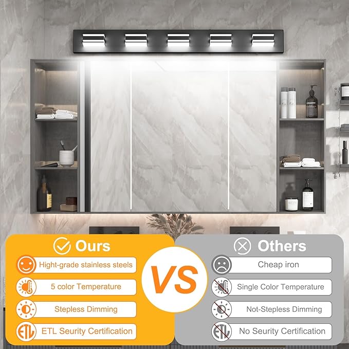 Ralbay 40.5inch Black Vanity Light with 5 Color Temperatures (3000K-6000K) Dimmable Metal Acrylic Modern LED Matte Black Bathroom Lighting Over Mirror (5-Light)