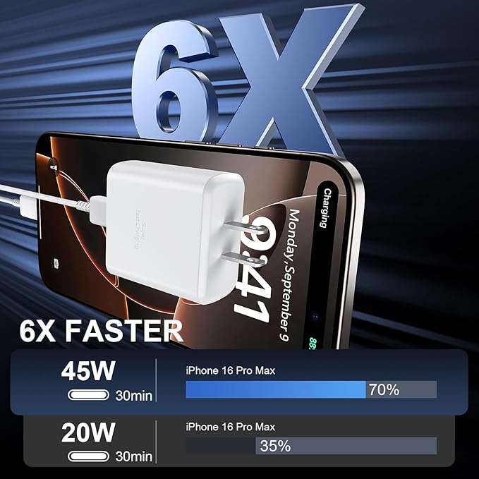 Phone 16 Pro Max Charger Fast Charging, 45W USB C Phone 16 Super Fast Charger Block with 6.6FT Long Type C Charging Cable Cord for Phone 16/16 Pro/16 Pro Max/16 Plus, 15/15 ProMax/Pro/Plus-2pack white