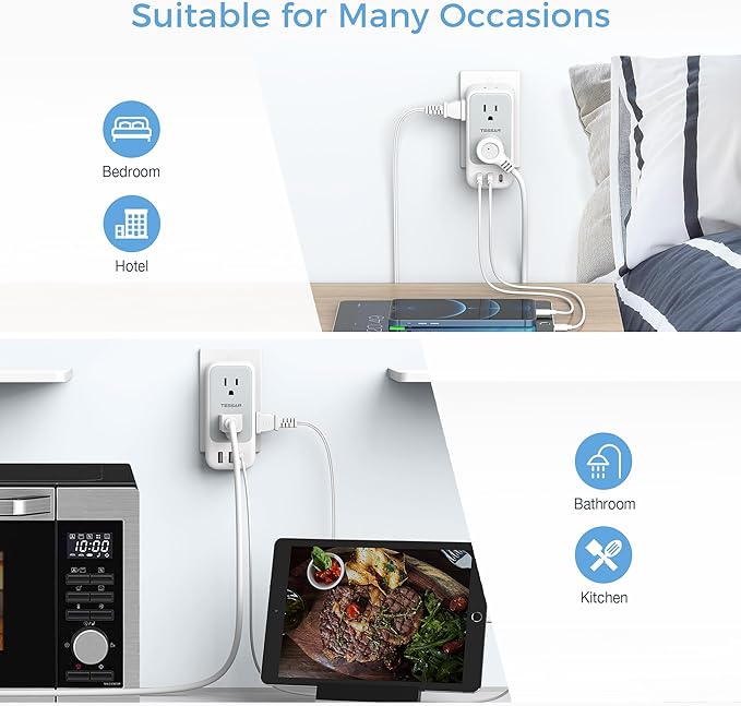 USB Plug Adapter for Wall Outlet, TESSAN Outlet Extender with USB C, 7 AC Multi Plug Wall Charger, 4 Sided Design for Cruise, Home, Office, Dorm Room Essentials, Grey