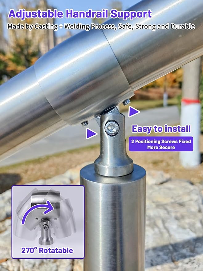 Outdoor 2 Step Handrail, DIY 304 Stainless Steel Transitional Hand Rails with Installation Kit,Silver Porch Stair Railing for Concrete Brick or Wooden Steps, 26x36 in