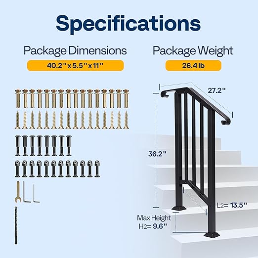 VIVOHOME 2-Pack 2 Step Galvanized Steel Hand Rails for Outdoor Steps – Curved Ends and Safety Balusters Exterior Railing for Porch, Deck, or Indoor Stairs, Complete Installation Kit