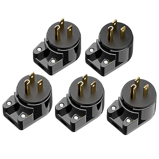 ETL Verified 5-Pack Nema 5-15P 90 Degree Right Angle AC Plug, 15A 125V, Black