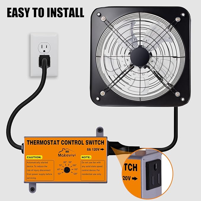Attic Fan Thermostat-Control, Adjustable Thermostat with Overload Protector, Temperature Controlled Attic Fan, with Socket Easy to Install, Exhaust Fan Temperature Controller for Workshop, Greenhouse