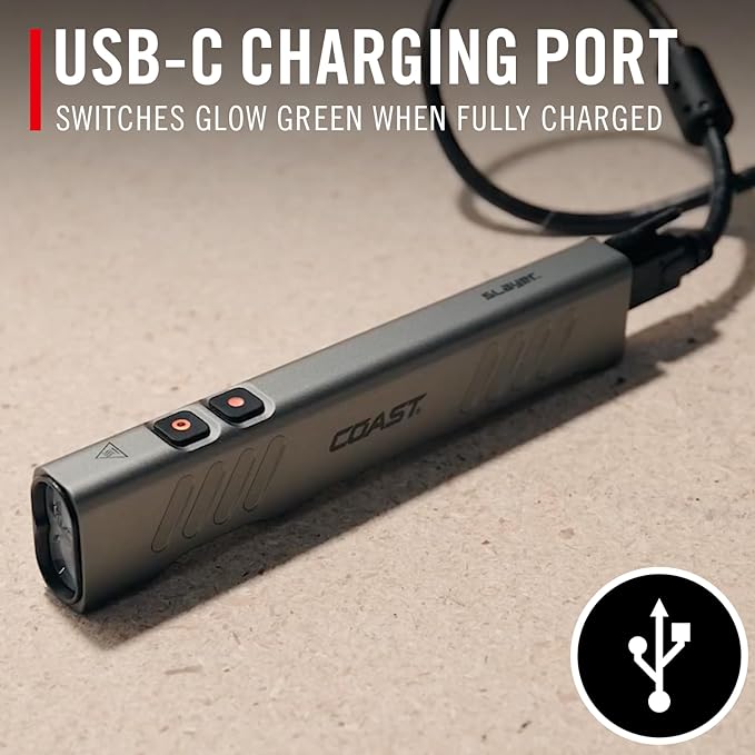 Coast Slayer Laser 1000 Lumen USB-C Rechargeable LED Flashlight with Pocket Clip - 5 mW Laser, 650 nm Wavelength