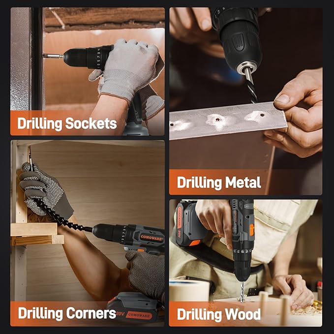 COMOWARE Cordless Drill Set, 20V Electric Power Drill Set,1 Battery & Charger, 3/8" Keyless Chuck, 2 Variable Speed, 266 In-lb Torque, 25+1 Position, Orange