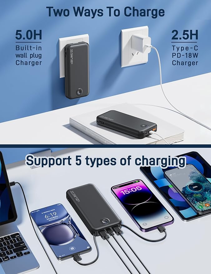 Portable Charger with Built in Cable and AC Wall Plug, USB C Power Bank 12000mAh 22.5W Super Fast Charging, Lightweight Portable Phone Charger Travel Battery Pack for iPhone, ect