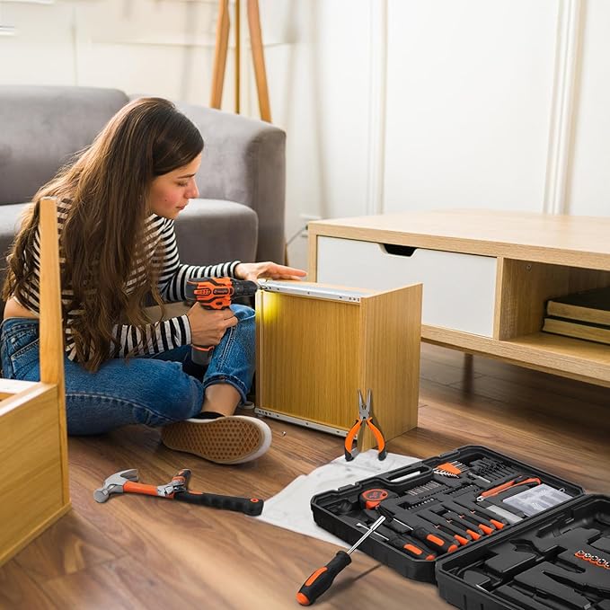 YOUGFIN Tool Kit with Drill 12V, Home Tool Set with Cordless Drill for Men, Power Drill Tool Box with 195 Pieces Household Hand Tools for Office (with 2.0Ah Battery & Charger)