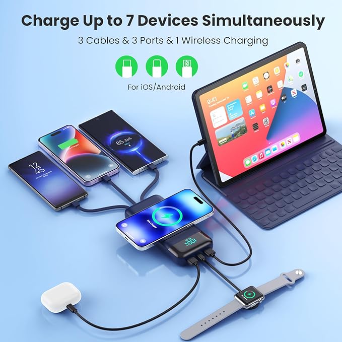 Wireless Portable Charger 40800mAh with 3 Built-in Cables,7-in-1 15W Wireless Charging Power Bank,25W PD QC 4.0 Fast Charging USB C LCD Display Battery Pack for iPhone 16/15/13,Samsung,Android-Blue
