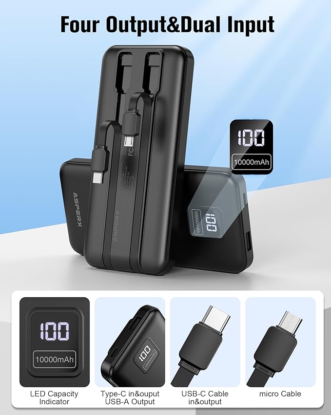 AsperX 2-Pack 10000mAh Portable Charger with Built-in Cables, USB-C Output Power Bank Fast Charging, LED Display Travel Essential Battery Pack for iPhone Android Google Pixel LG iPad Heated Vest, etc