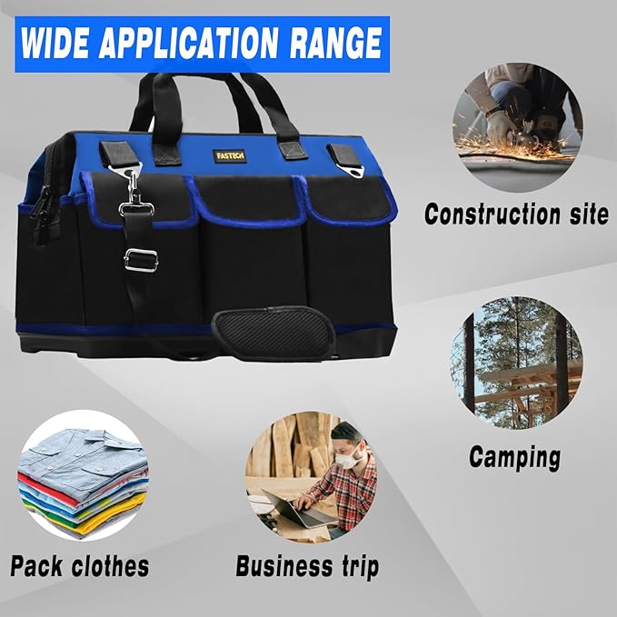 22 Inch Bottom Tools Bag With Wide Mouth For Tool Storage, Carrier and Organizer, Heavy Duty Tool Tote Bag For Men/Women, Wide Mouth Tool Bag With Inside Pockets (22 Inch)