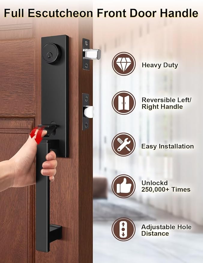 Full Escutcheon HandleSet Front Door Entry Handle and Deadbolt Lock Set Slim Square Single Cylinder Deadbolt and Lever Heavy Duty – Matte Black Finish