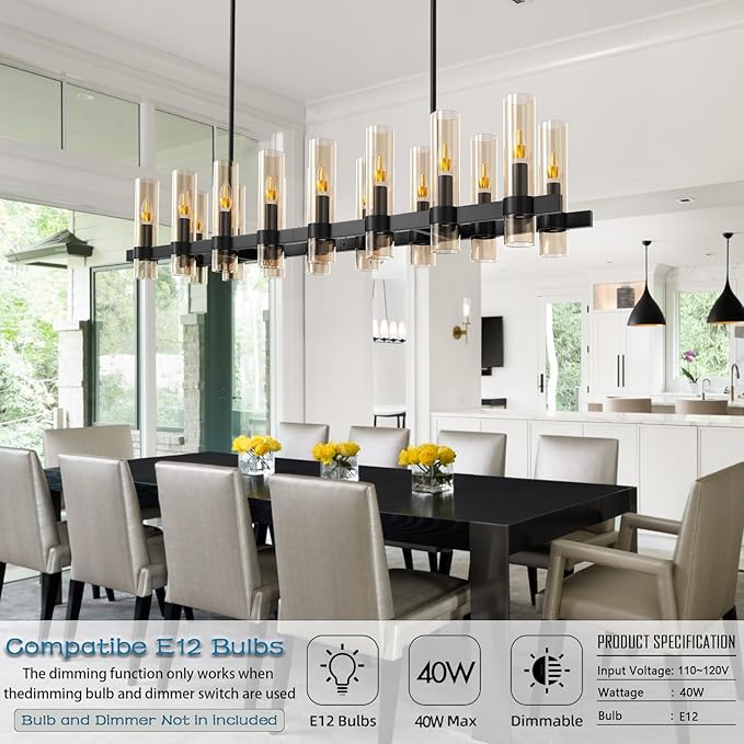 Modern Black Island Rectangle Chandelier with Amber Glass,63" Adjustable Height Modern Linear Light Fixture 16 Light Dining Room Chandelier Over Table for Dining Room Kithen Island