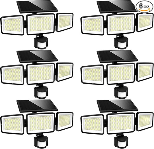 UME Solar Outdoor Lights 302 LED 3000LM, IP65 Waterproof Motion Sensor Outdoor Lights, 3 Heads Solar Security Flood Lights 270 Wide Lighting Angle with 3 Modes for Garden Patio Yard - 6 Pack