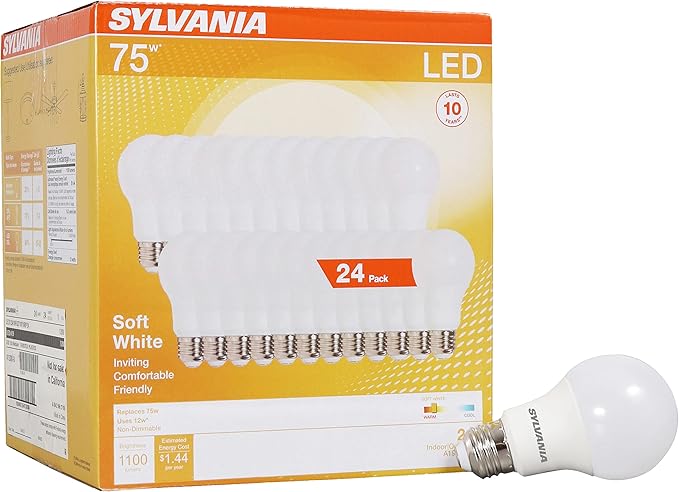 Sylvania LED Light Bulb, 75W Equivalent A19, Efficient 12W, Medium Base, Frosted Finish, 1100 Lumen, Soft White - 24 Pack (41300)