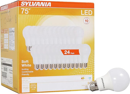 Sylvania LED Light Bulb, 75W Equivalent A19, Efficient 12W, Medium Base, Frosted Finish, 1100 Lumen, Soft White - 24 Pack (41300)