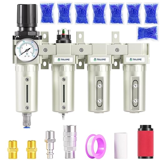 TAILONZ PNEUMATIC 0-240 PSI 1/2 Inch NPT Industrial Grade 4-Stage Air Drying System, Particulate Filter, Dual Desiccant Dryer, 5 Micron & 0.01 Micron Filtration (Auto Drain)