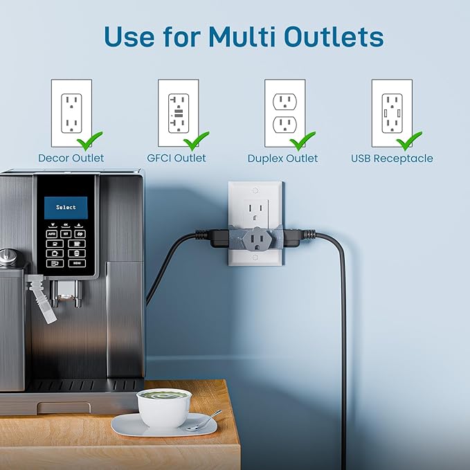 K KASONIC - 3-Outlet Grounding Adapter, [UL Listed] Plug Extender, Heavy-Duty Grounded Power Tap - 3 Pack (Multi-Color)