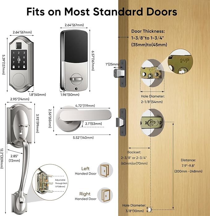 Fingerprint Smart Front Door Lock Set, Keyless Entry Door Lock & Front Door Handle Set, App Control, Digital Touchscreen Keypad, Smart Locks for Front Door, Easy Install,Satin Nickel
