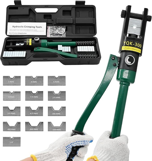 16T Hydraulic Battery Cable Crimper 8 AWG to 600 MCM Cable Crimping Tool Hydraulic Lug Crimper Electrical Terminal Wire Crimper with 13 Pairs of Dies Kit, Green