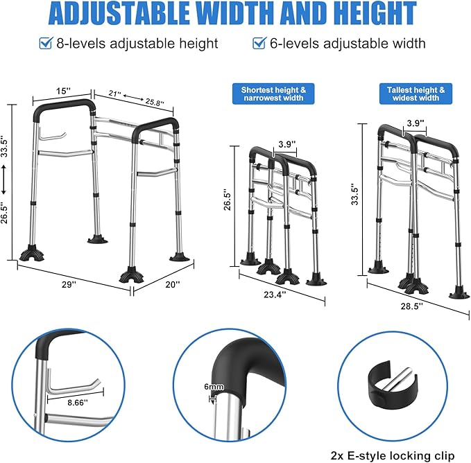 Toilet Safety Rail, 380LB Stainless Steel Toilet Frame with Padded Handles&Paper Holder, Adjustable Detachable Handicap Toilet Rails, Foldable Toilet Support Frame for Elderly