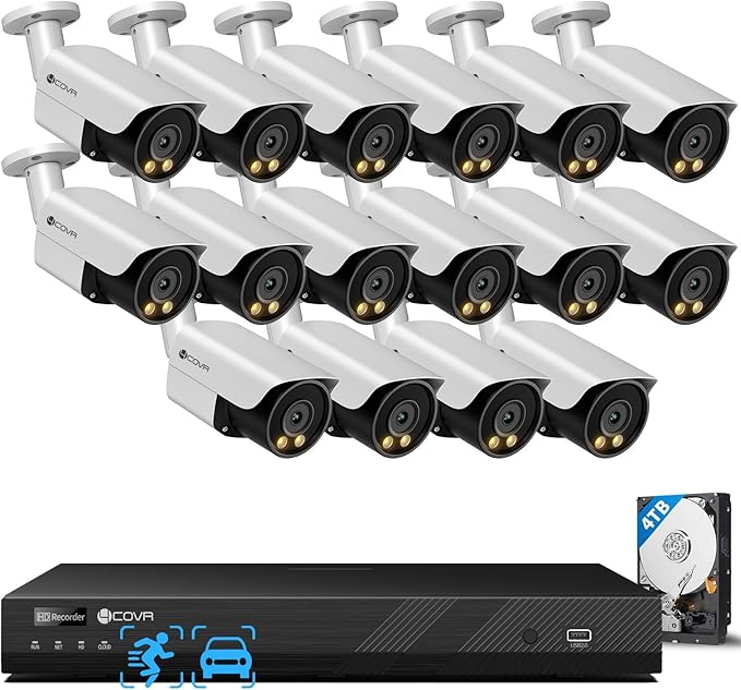 4COVR 4K PoE 16 Channel Security Camera System, 2-Way Talk & Smart Full Color Night Vision, 16 8MP IP67 Bullet IP Camera, Human Vehicle Detection, 16CH 4T NVR Surveillance for Businesses, LY37YX8M1616