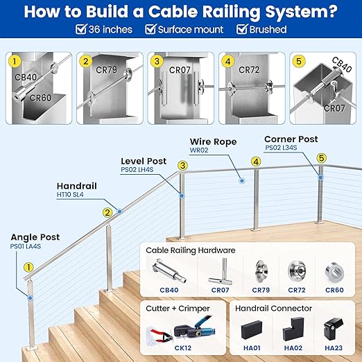 Muzata 300 ft 1/8" Stainless Steel Cable Railing System Hardware T316 Stainless Steel Wire Rope 7x7 1800 lb Breaking Strength Deck Cable Railing Kit with Wire Cutter for Indoor Outdoor Coastal WR02